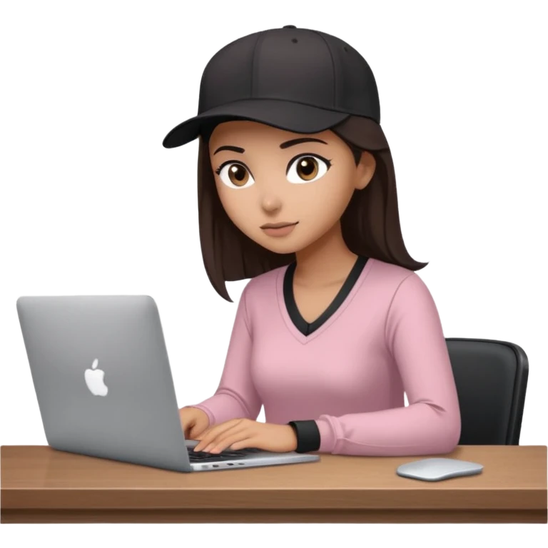 A professional 3D avatar of a young woman with olive skin and long, dark brown hair, wearing a dark, long-sleeved V-neck dusty pink shirt and a black baseball cap. She's sitting at a sleek wooden desk, typing and looking at a silver MacBook.  emoji