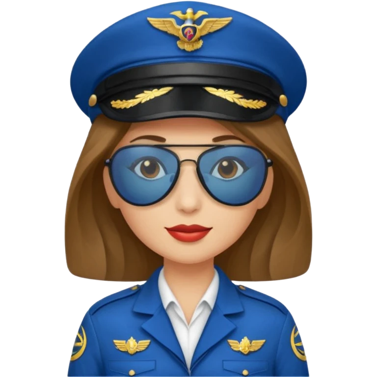 pilote d'avion femme cheveux brun clair avec sunglasses et chapeau de pilote et uniforme bleu emoji