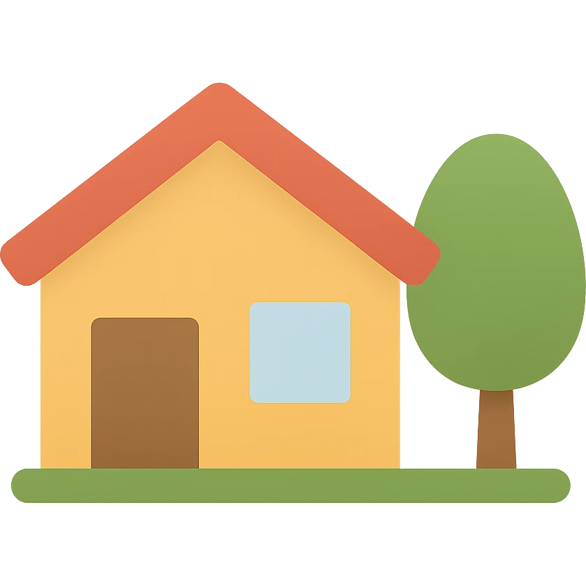 a cozy home with a tree beside it, modern flat color icon style emoji