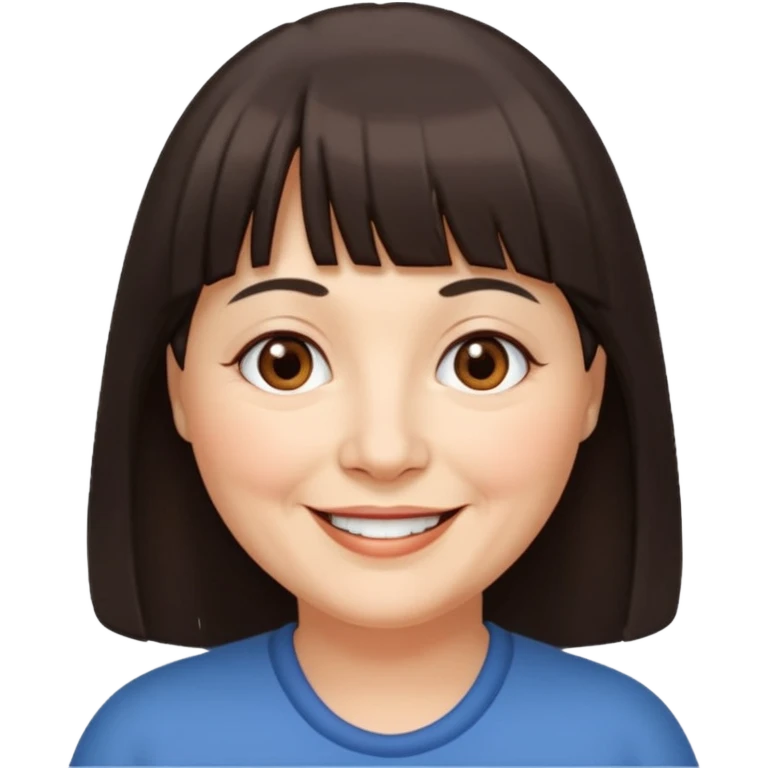 60 yr old woman, very small brown eyes, long hair, straight dark brown hair, bangs, chubby, long face emoji