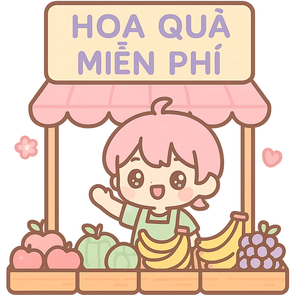 fruit vendor with different types of fruits on display, a sign that pops out and says 'hoa quả miễn phí', kawaii chibi anime style, flat pastel colors, thick outlines, simple cute features, transparent background emoji