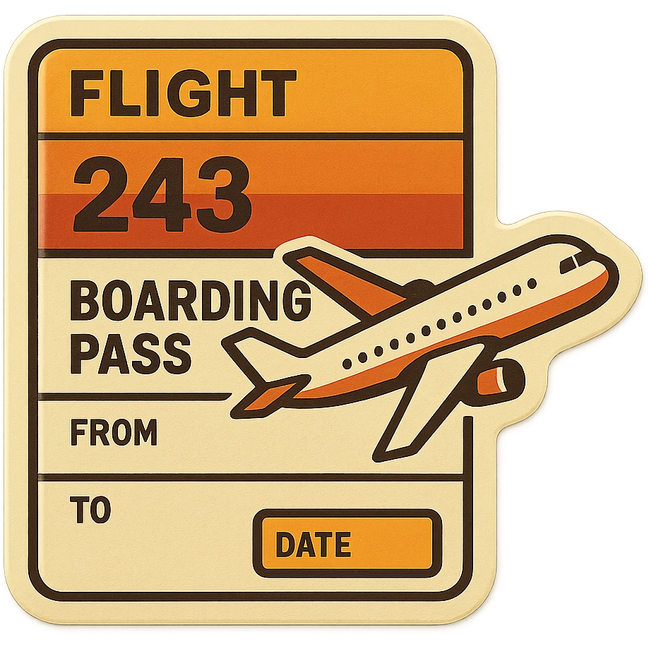 retro plane ticket, 1970s airline design, bold lines, faded colors emoji