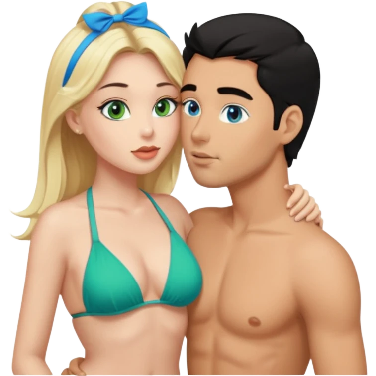 Blonde Queen with crownGreen eyes in Bikini kissing Male subject without crown black hair blue eyes emoji