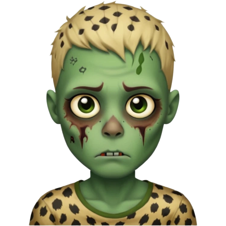Zombie boy with green skin and sleepy eyes and scars on his face and a shirt that has cheetah texture emoji