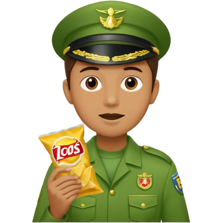 supermarket collegue wearing a green uniform and eating a packet of crisps no hat emoji