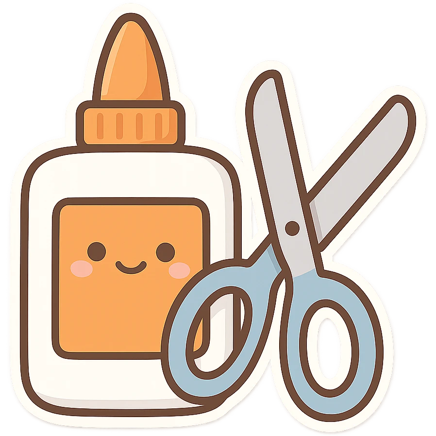 bottle of glue with orange label and tip and a pair of blue scissors, flat toon vector illustration, kawaii minimal emoji