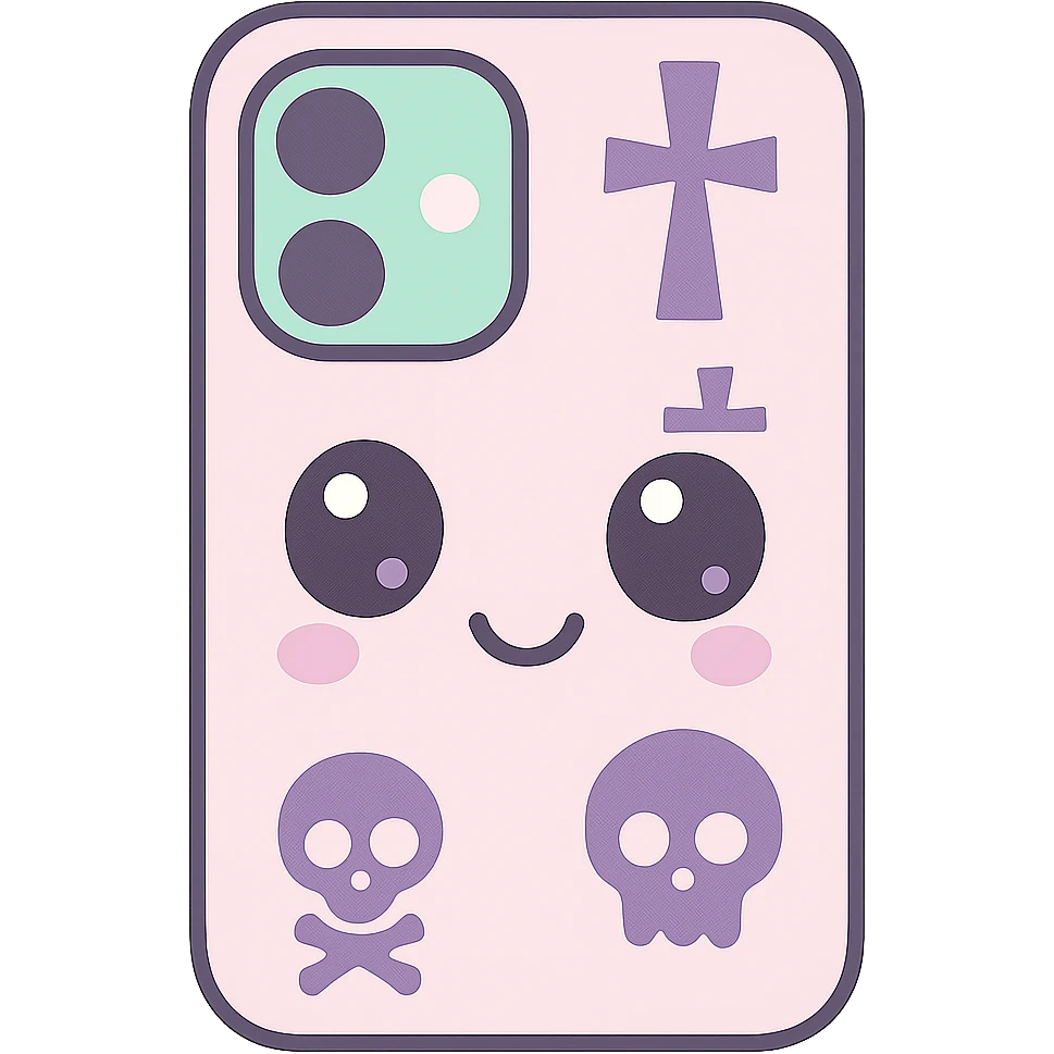 Remove any purse or purse-matching elements. Focus only on a white and black gothic kawaii phone case with big eyes, smiling, playful, cartoonish style, and gothic symbols. No purse references. No background. emoji