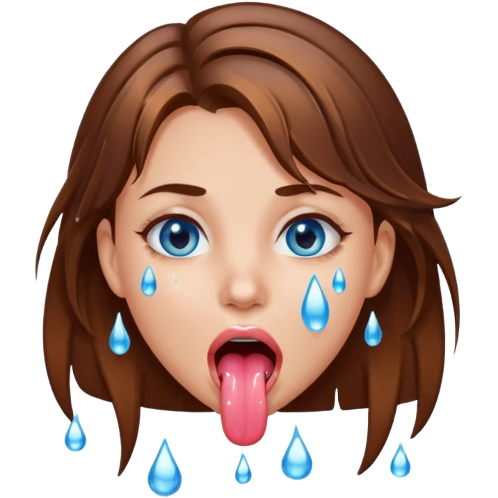 Girl with brown hair, blue eyes, a wet face and her tongue out. Can you make her face more wet? Can you add clear water droplets on her face and tongue? No water below her. Just on her face, hair and tongue. Can you make the water more slimy  emoji