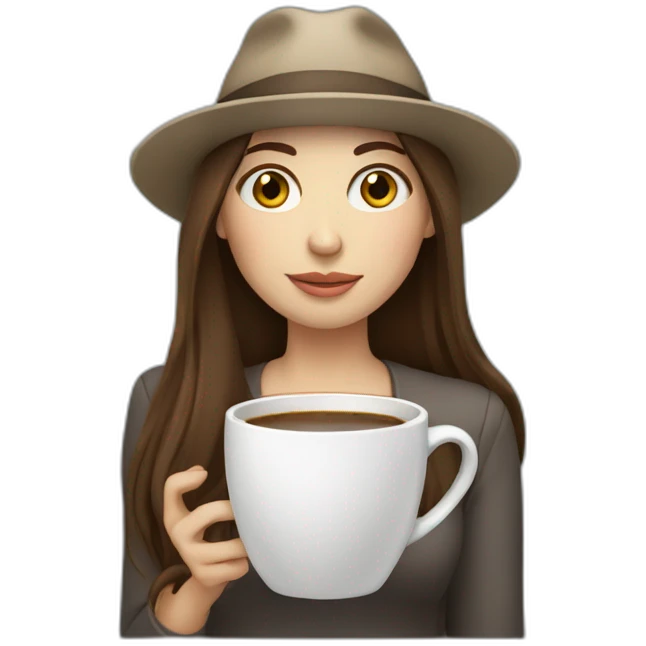 woman with long straight brown hair and pale skin and wearing a laptop hat and drinking coffee emoji