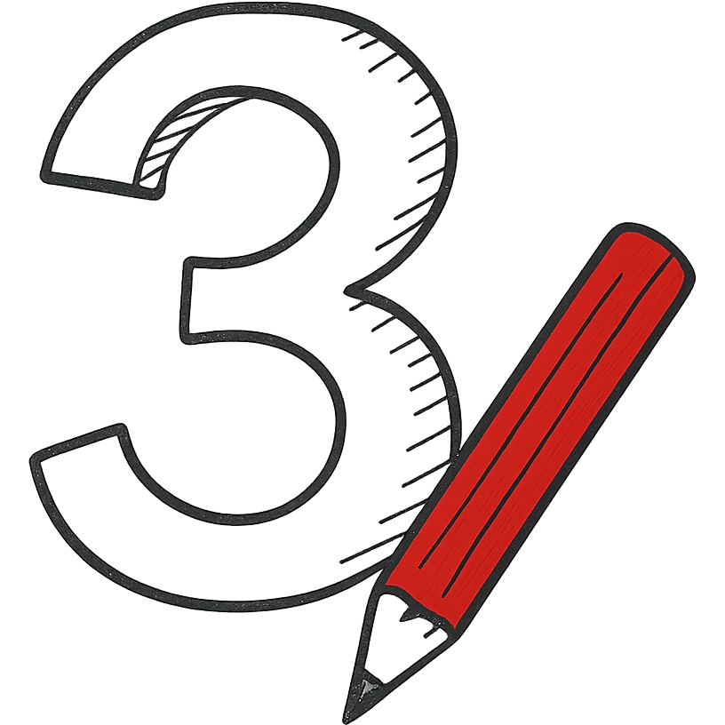 Minimalistic number 3 drawn with a pencil, one color, Pantone 186 emoji