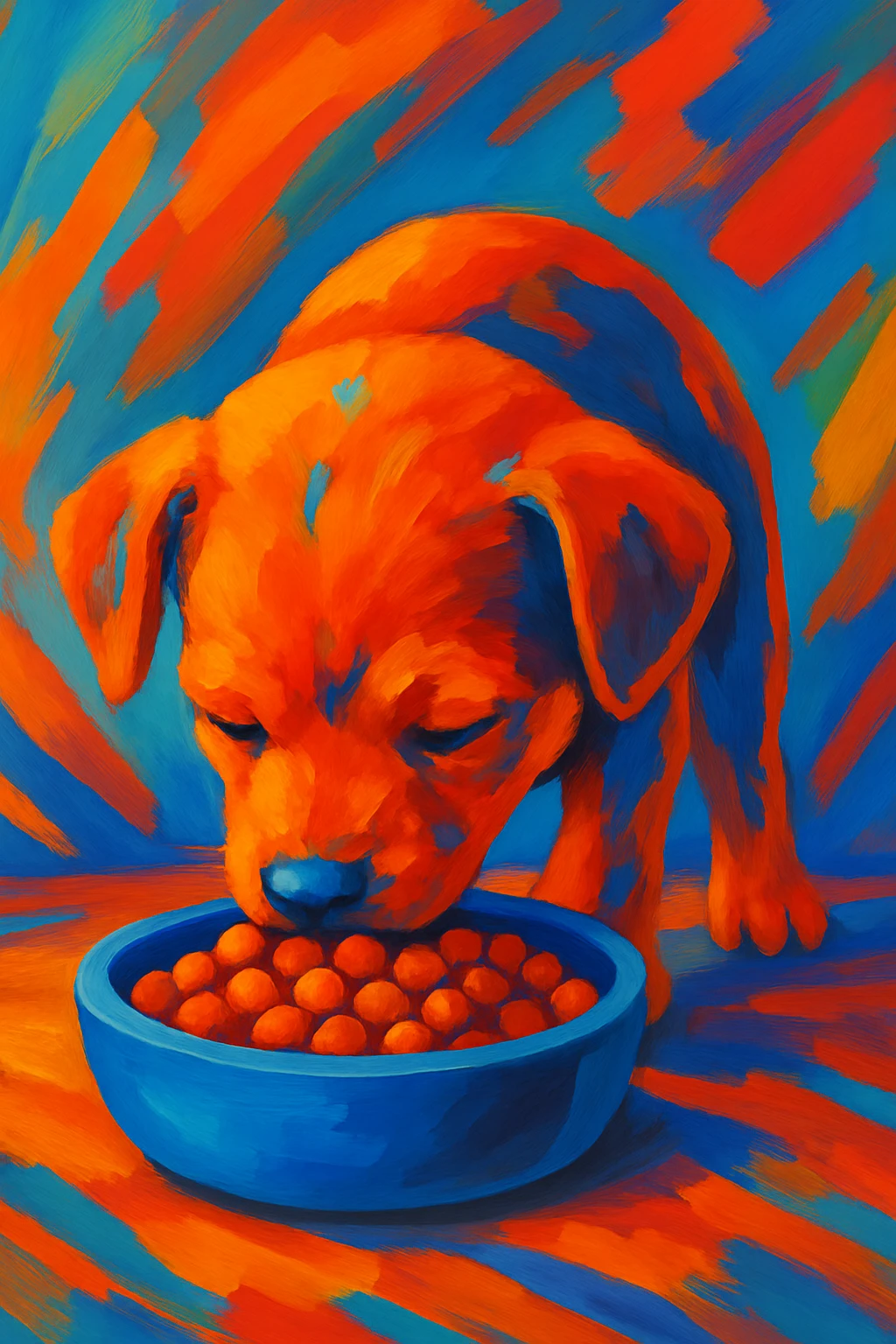 Make the dog a cute puppy eating dog food, keep the same style as the original image. emoji