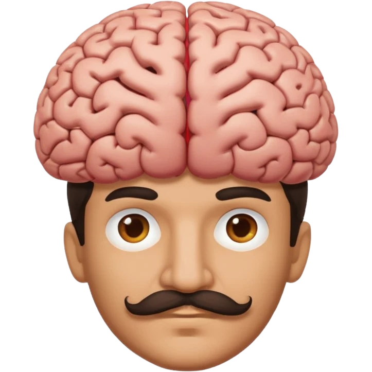 mustachioed man with dark hair holding a brain as an emoji emoji
