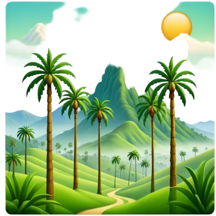 Cinematic Realistic Cocora Valley Landmark Emoji, featuring towering wax palm trees swaying in the misty green valley, with rolling hills and distant mountain peaks bathed in warm morning light. emoji