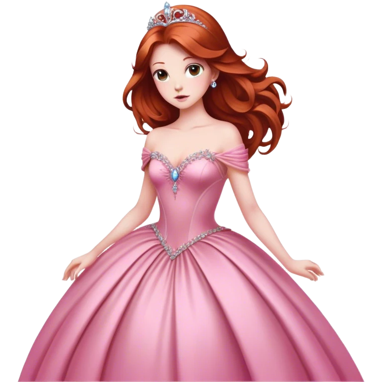 Cinematic Majestic Sleeping Beauty Portrait Emoji, rendered in a clean, vector-style with bold, simplified shapes. Show Aurora with a serene, noble expression, luminous porcelain skin, and elegantly flowing auburn hair, dressed in an opulent pink ball gown. The design radiates a majestic, enchanted glow with high shine and a soft glowing outline, embodying classic royal elegance. emoji