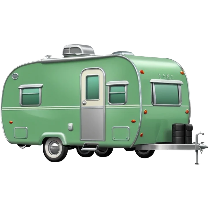 1950s travel trailer, colored all green, the same green shade as movie trailer green preview card, light grey tires and grey hitch emoji