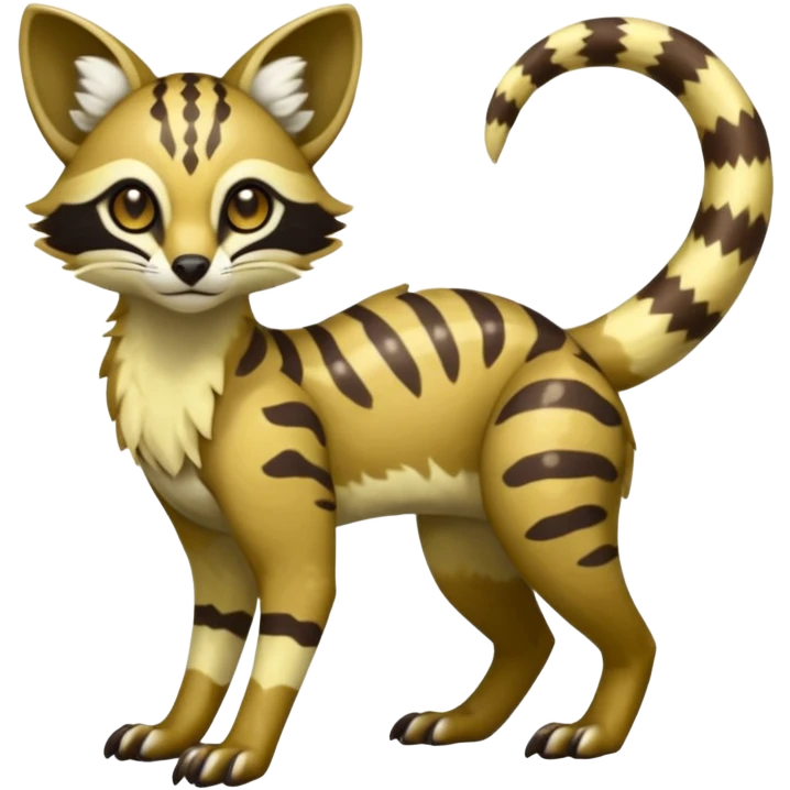 Rare realistic shiny warm-colored lush tropical exotic cute epic pretty beautiful handsome gorgeous aesthetic colorful vibrant Vernid-Protogen-Primagen-Wickerbeast-Genet-Trico-species-Fakemon-hybrid-creature by LiLaiRa, beautiful intricate markings, full body emoji