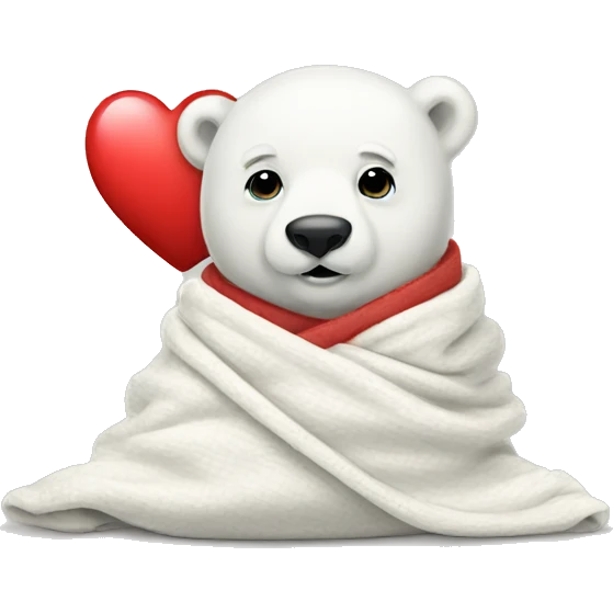 Baby polar bear in a blanket holding a heart emoji