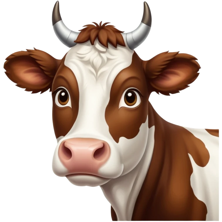 cinematic-noble-brown-and-white-cow-portrait-emoji,-poised-and-regal,-with-a-large,-sturdy-build-and-a-beautifully-patterned-hide-of-rich-brown-accented-by-crisp-white-patches,-deep-set-soulful-brown-eyes,-simplified-yet-sharp-and-sophisticated emoji