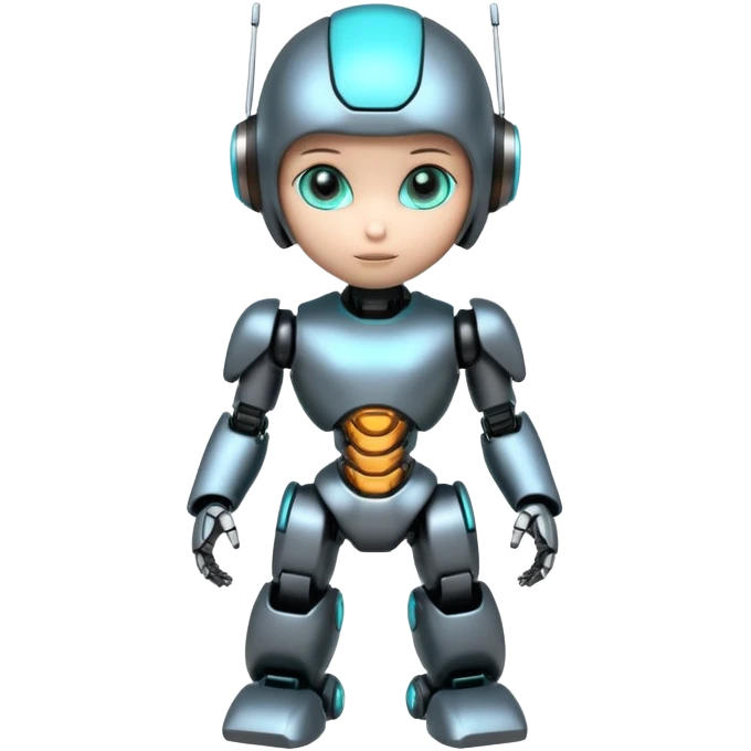 Cute futuristic chibi humanoid robot with large rounded head, add text on chest "LMX". glossy black and grey metal body, glowing cyan and amber eyes, visible joints, confident pose, white background, high-detail 3D render,  emoji