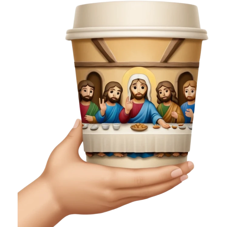una mano con un bicchiere di carta con dipinto sopra l'ultima cena emoji