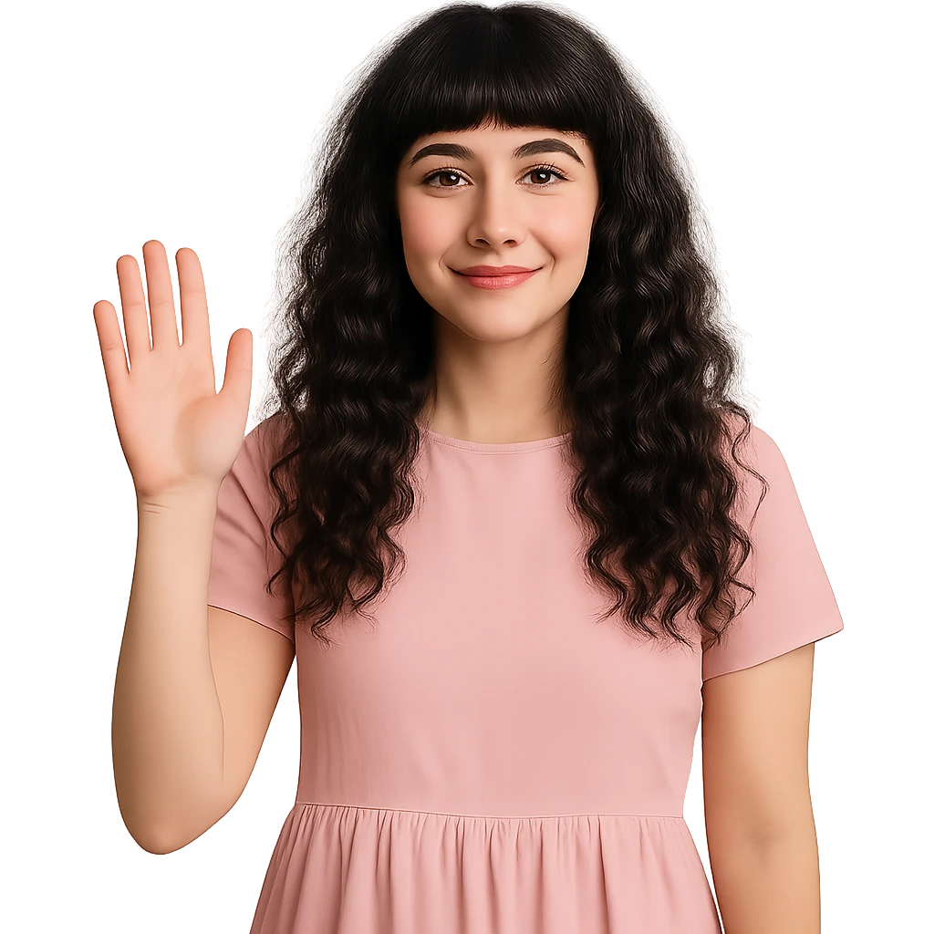 white woman, long black curly hair, bangs, dark brown eyes, pastel pink dress, waving emoji