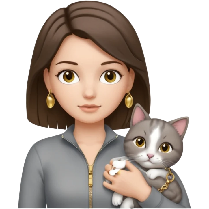 a white girl with brunette hair in brain that is over her shoulder. shes holding a grey cat. the girl has long lashes and has on a grey zip up that is half way zipped  and under a white shirt and gold jewelry that is gold bracelets. emoji