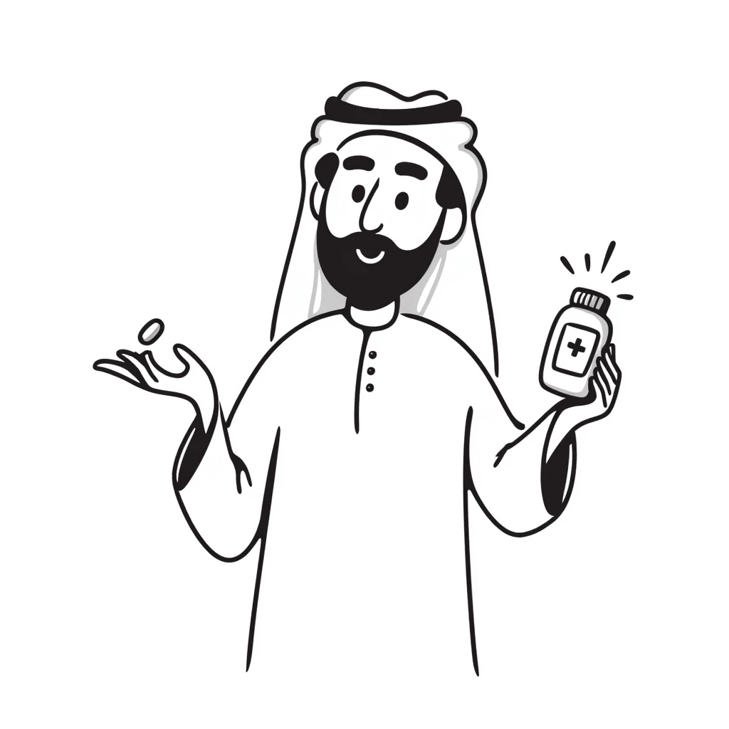 Arab man with keffiyeh holding medicine bottle and pill, hand-drawn style emoji