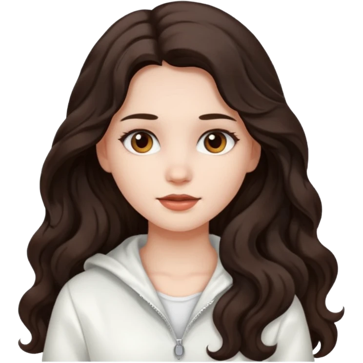 A girl in white with dark brown long wavy hair and very white skin emoji