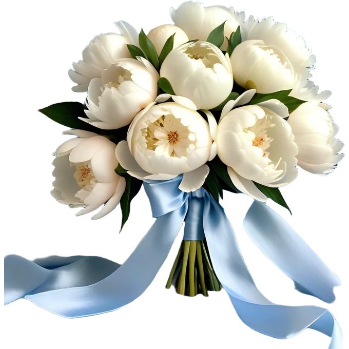 A lush bouquet of full-bloom white and pale blue peonies rests gently atop a flowing powder blue silk cloth. The petals, kissed with a subtle pearl sheen, seem to glow under the soft morning light. A delicate ivory ribbon, loosely tied in an effortless bow, drapes over the bouquet, its edges curling with natural grace. The silk background shimmers with movement, enhancing the dreamy elegance of the composition.
 emoji