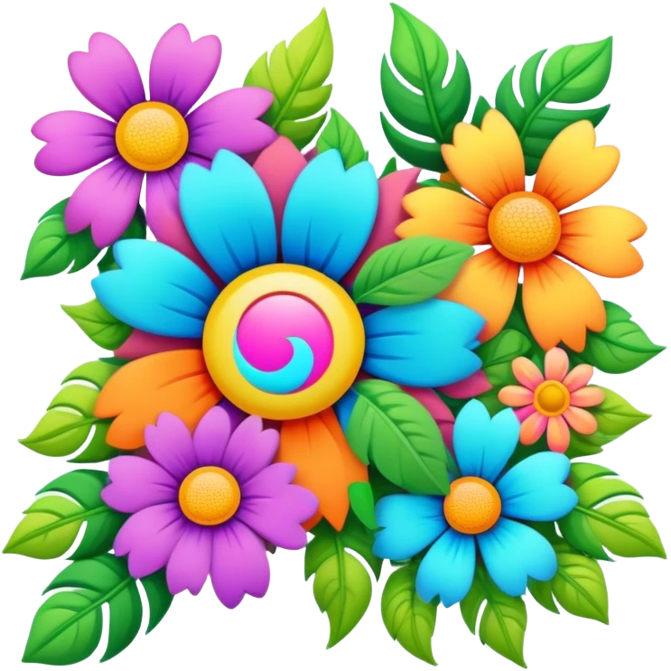 3D, psychedelic colored hippie style corner flower border emoji