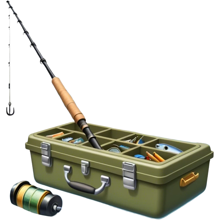Icon for Fishing: a boat on the shore of a peaceful water body with a beautiful natural landscape, a fishing tackle box, a spinning rod. The icon should capture the tranquility and gear of a fishing adventure. Without frame. Transparent background. emoji
