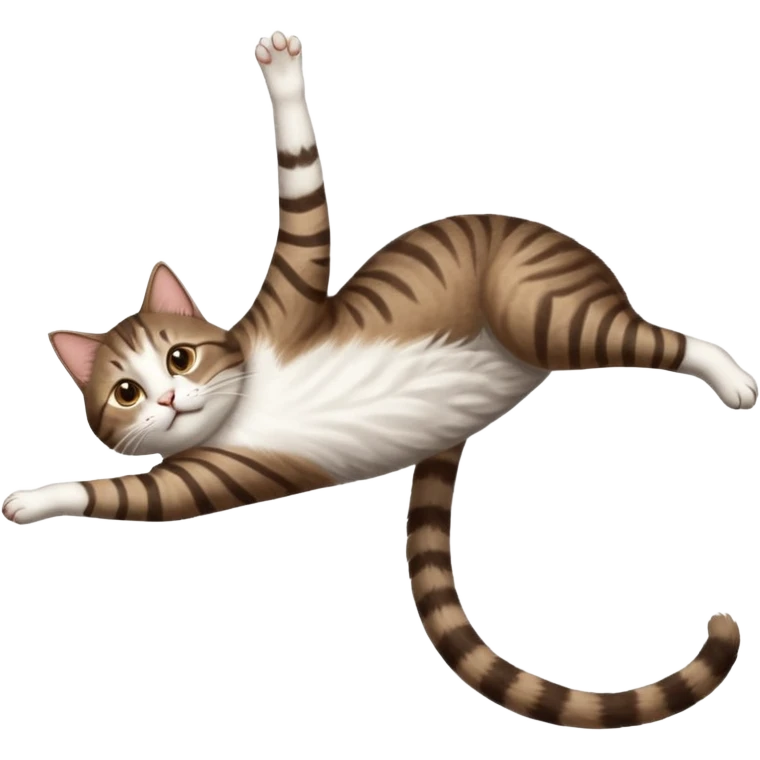 dark brown tabby and white cat with doing a big extremely long stretch reaching up into the air with arms and legs side by side together straight and overextended whilst lying on its side emoji