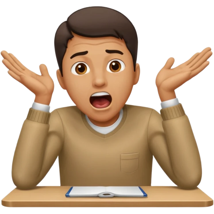 man at table, mouth open shouting, leaning in, hands on table, working emoji