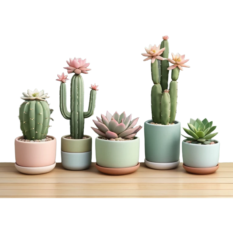Ceramic pots in pastel colors, tall and short, cylindrical, square, and bowl-shaped, containing cereus cactus plants, hanging cacti, flowering cacti, echeveria succulents, sedum succulents, and graptopetalum succulents placed in a row on the floor emoji