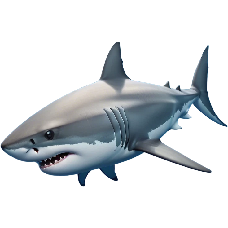 Cinematic Noble Great White Shark Portrait Emoji, Poised and regal, with a robust, torpedo-shaped body, a pointed snout, a gleaming white underbelly contrasting with a slate gray dorsal surface, and piercing, intense eyes scanning deep blue waters, Simplified yet sharp and sophisticated features, highly detailed, glowing with a cool, oceanic luminescence, high shine, intelligent and commanding, stylized with an air of marine authority, focused and vigilant, soft glowing outline, capturing the essence of a watchful and confident predator that appears ready to surge out of the screen with effortless power! emoji