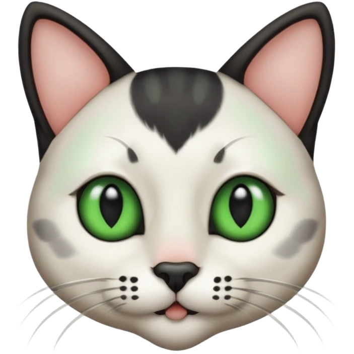 Haz una gata de ojos verdes la cara blanca con mancha negra en las orejas que agarra parte de la frente del lado der pero del iz va desde el ojo hasta la oreja la mancha, tiene la nariz negra en forma de corazón y todo lo que sobra de la cara, barbilla la nariz arriba y el lado de bigotes es blanca emoji