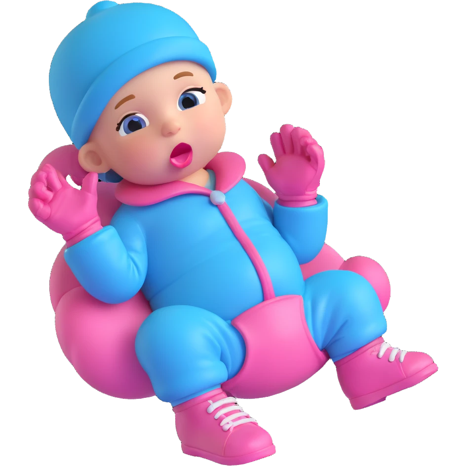 3D cartoon pacifier character, adult version, leaning back with one leg crossed over the other, relaxed mischievous expression, gloved hands, shoes, baby blue and pink color scheme, transparent background. emoji