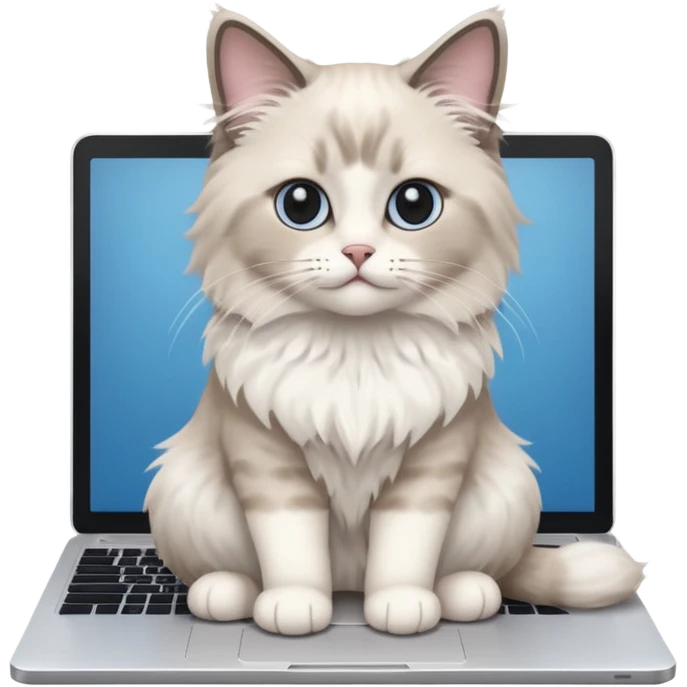 Cute ragdoll cat on a laptop. Should sit on top of the laptop, cat is way bigger than the laptop. Could walk on the laptop or sit emoji