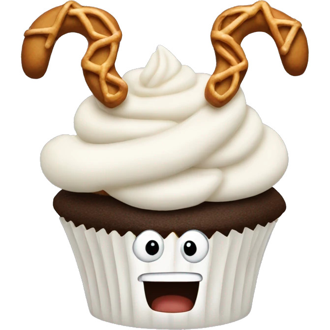 Cupcake with white frosting and pretzel antlers at the top  emoji