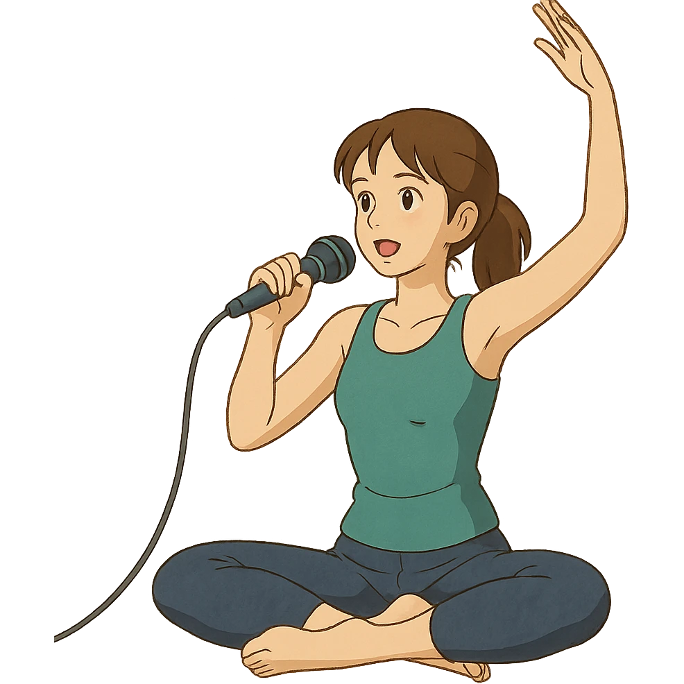 ghibli style illustration of a woman doing yoga with a microphone emoji