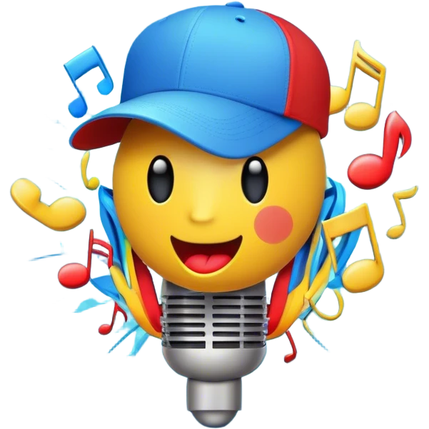 Create a dynamic and energetic emoji that represents beatboxing. The design should feature a microphone with a singing mouth and soundwaves or rhythmic beats emanating from it, symbolizing the vocal percussion and rhythm of beatboxing. Add a cap placed on top of the microphone to reflect street culture and the individuality of the performer. Include musical notes floating around to emphasize the musicality. Use bold, vibrant colors like neon blue, red, and yellow to convey energy and excitement. The background should be transparent. emoji