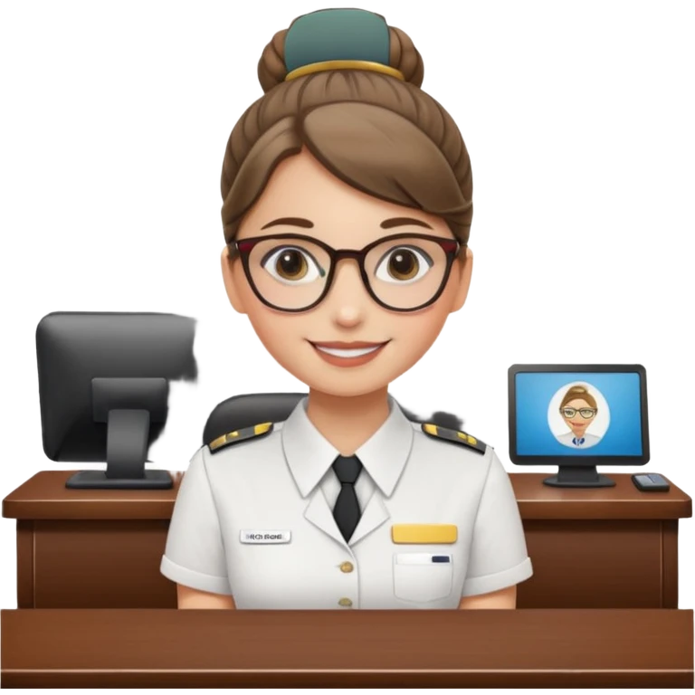 Young girl, bun hair, wearing uniform of reception with hotel name badge, glasses, stand behind the desk

 emoji
