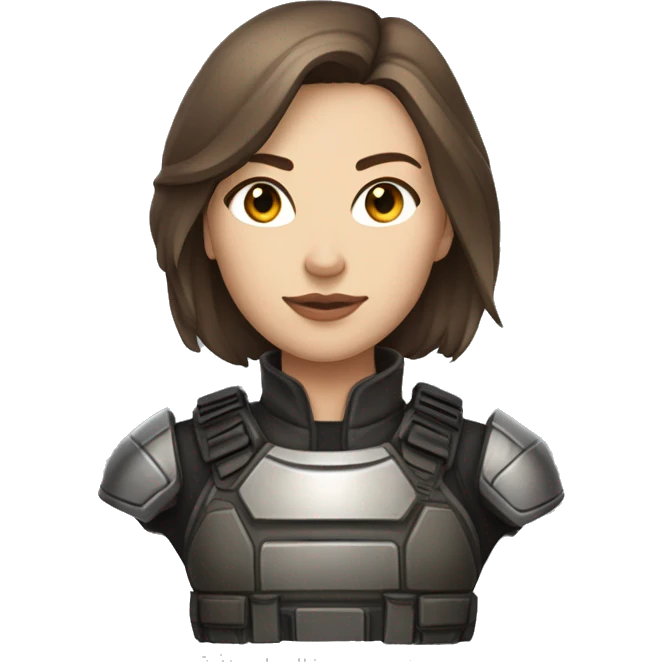 A fierce, young woman with a petite and slender build, pale, and shoulder-length, brown hair with a silver strand. She’s wearing dark, tactical battle gear. emoji