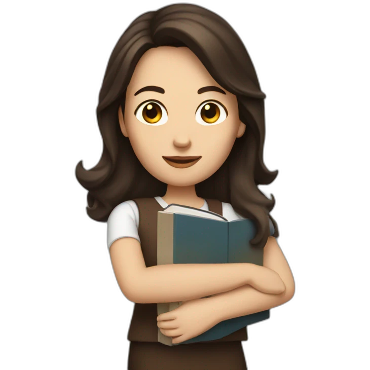 White woman with dark brown hair holding a book emoji