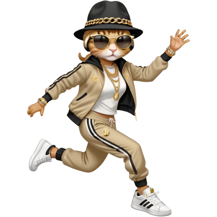 female cat jumping, Run DMC hip-hop outfit, tracksuit, fedora, Adidas sneakers, dark sunglasses, many gold chains, bling accessories rings bracelets earrings emoji