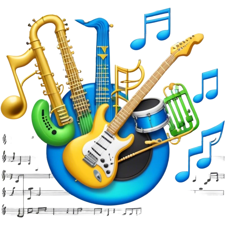 Create an artistic and vibrant emoji that represents music arrangement and orchestration. The design should feature musical notes, a synthesizer, drums, and an electric guitar, symbolizing the fusion of different instruments in an arrangement. Include subtle details like flowing lines to represent harmony between instruments, and integrate sheet music in the background. Use a dynamic mix of colors like electric blue, neon green, and gold to evoke both the classical and modern elements of music. The background should be transparent, with elements that show the blend of creativity and musical structure. emoji