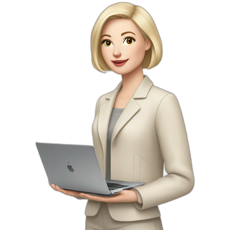 pale skin woman with ash blonde Straightened bob Hair, White Spacious classical jacket, beige palazzo Arrow pants and gray blouse holding a MacBook in the hands emoji