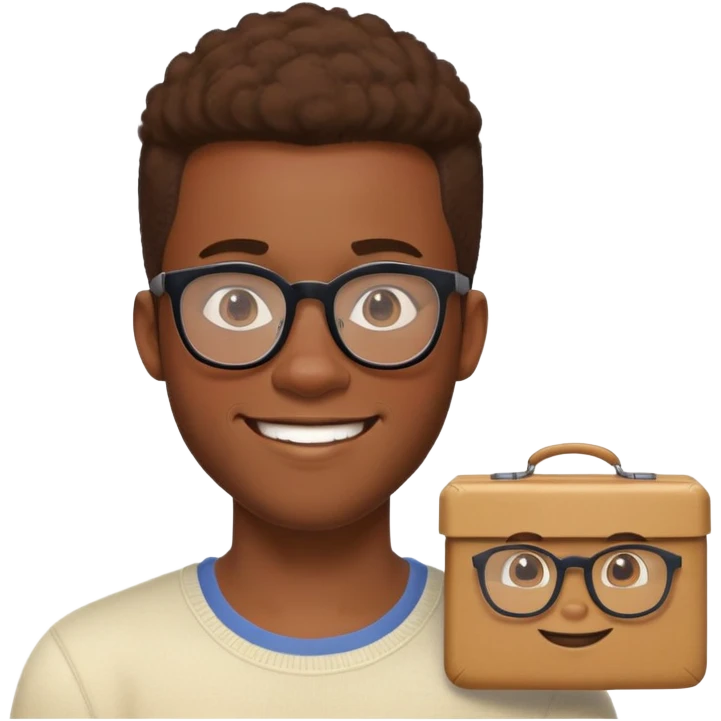 African yound man in his lateb 20s with a  nerdy glass and a bright smile with a short boxed beards in Pixar style emoji