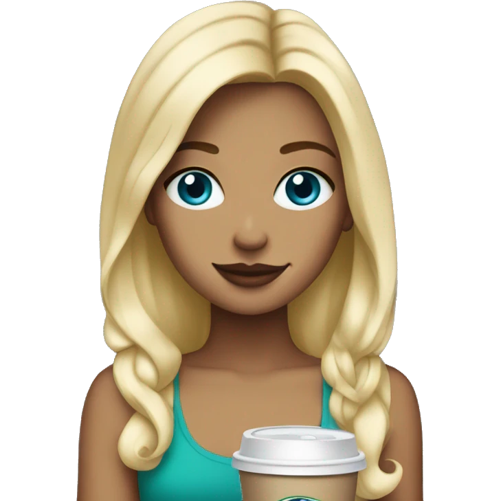 blonde girl blue eyes with Starbucks cup drink emoji