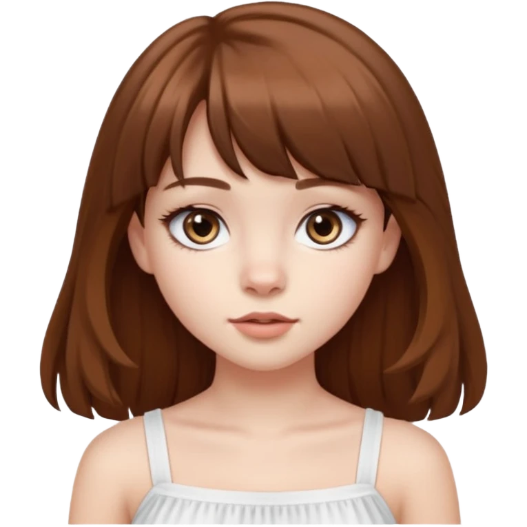 Pale skinned waisian girl with brown hair and dark brown eyes. She has bangs and her hair is slightly big wavy and long. She has big cat looking eyes and long lashes. Make her wear a white tube top. emoji